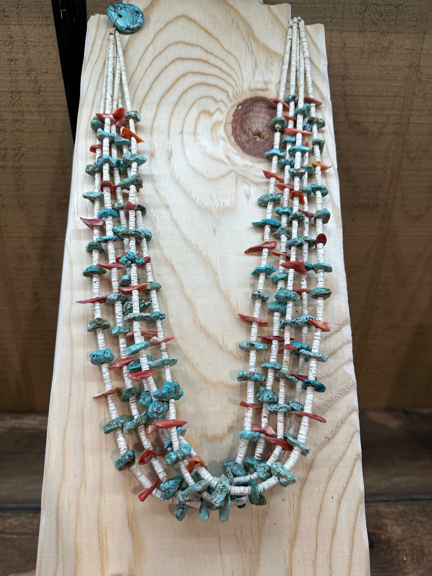 Vintage 5 Strand Clam Shell Turquoise Coral Santo Domingo Necklace