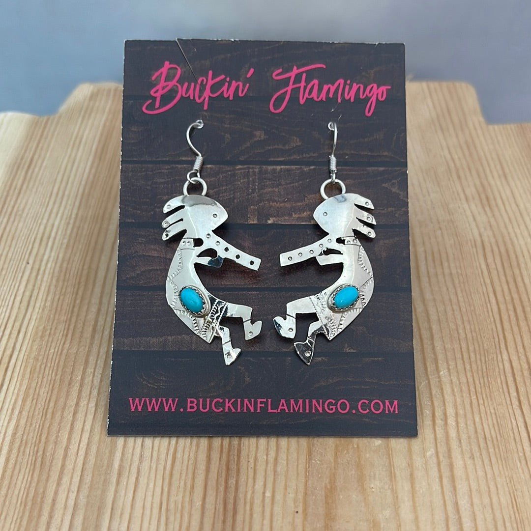 Sleeping Beauty Turquoise on Kokopelli Dangle Hook Earrings