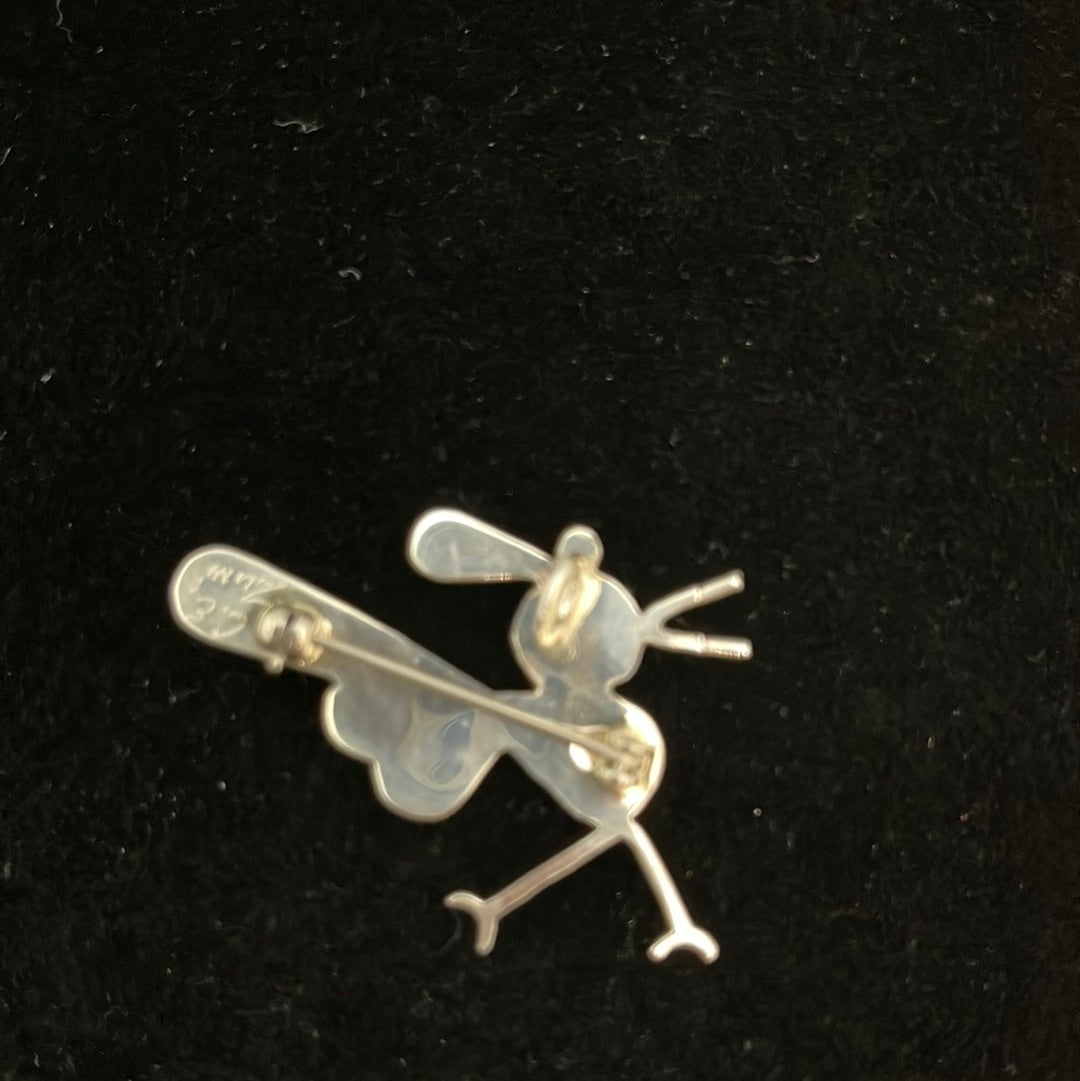 Mother of Pearl, Coral, Black Jet, and Sleeping Beauty Turquoise Inlay on a Roadrunner Pin/Brooch/Pendant