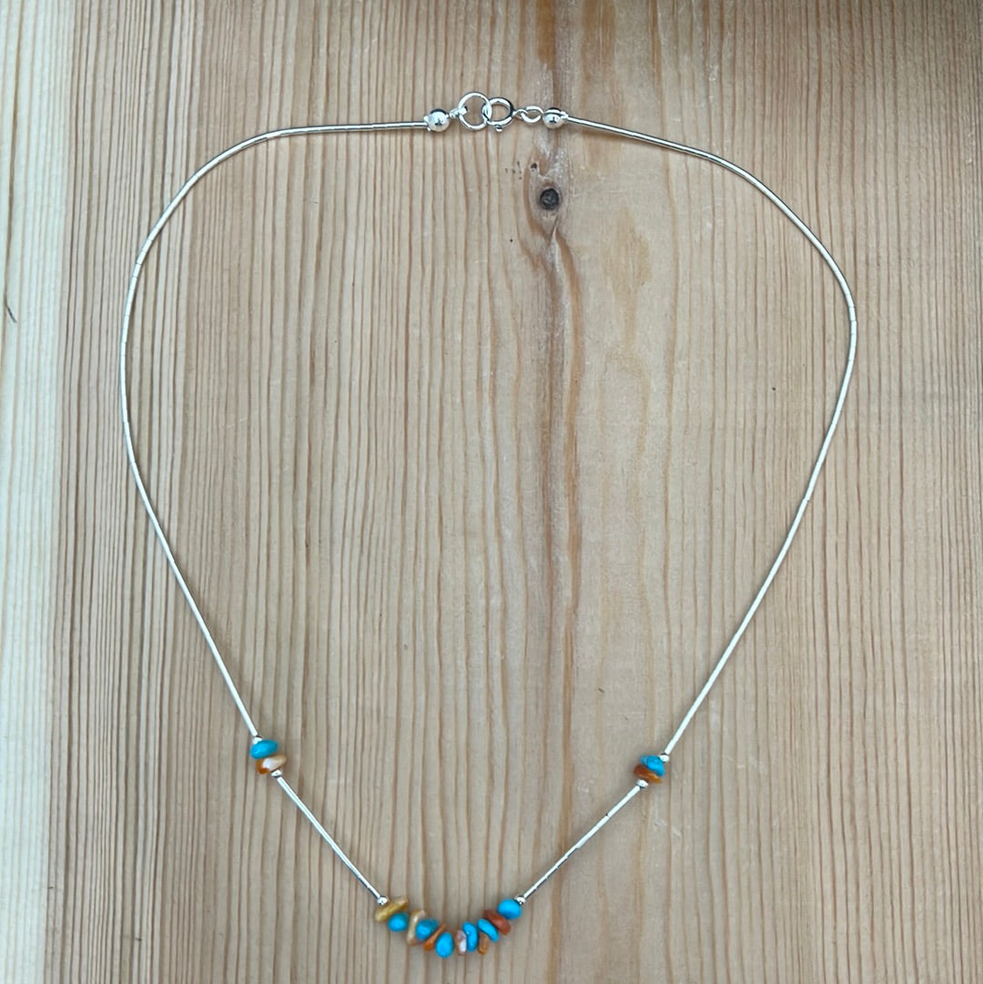 16" Liquid Silver Necklace with Sleeping Beauty Turquoise & Spiny Oyster