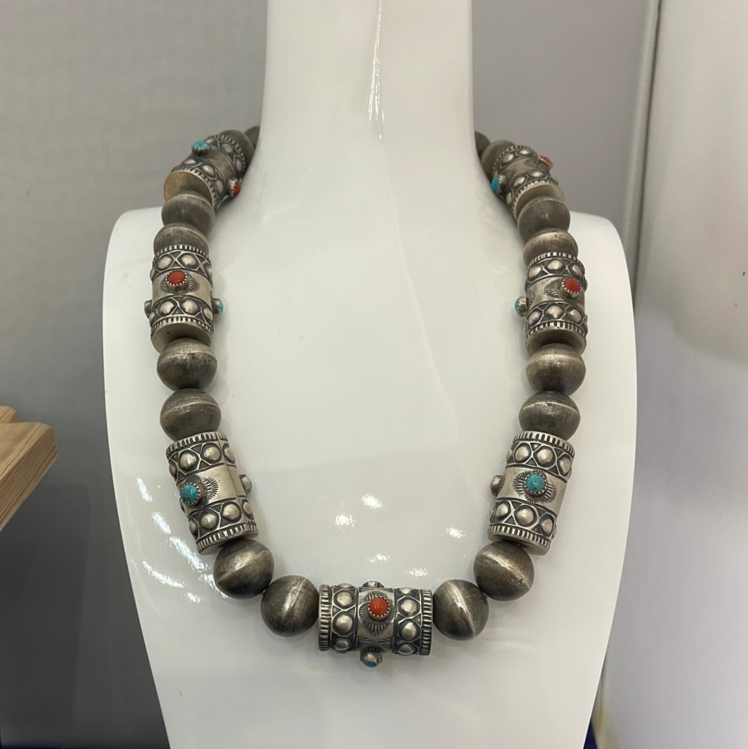 22" 19mm Turquoise & Coral Navajo Pearl Necklace by Shawn Cayatineto, Navajo