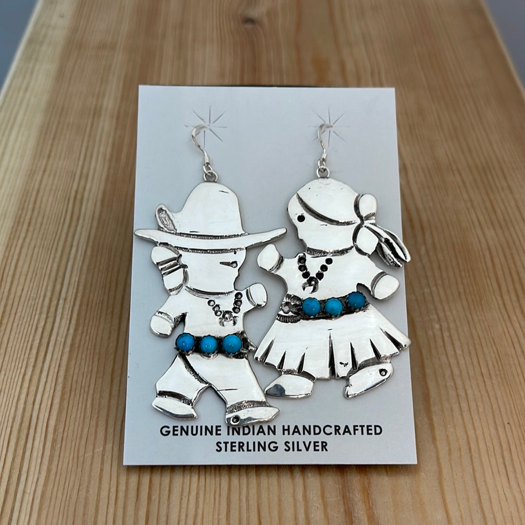 Navajo Man and Woman with Sleeping Beauty Turquoise Earrings by Marco Begaye, Navajo