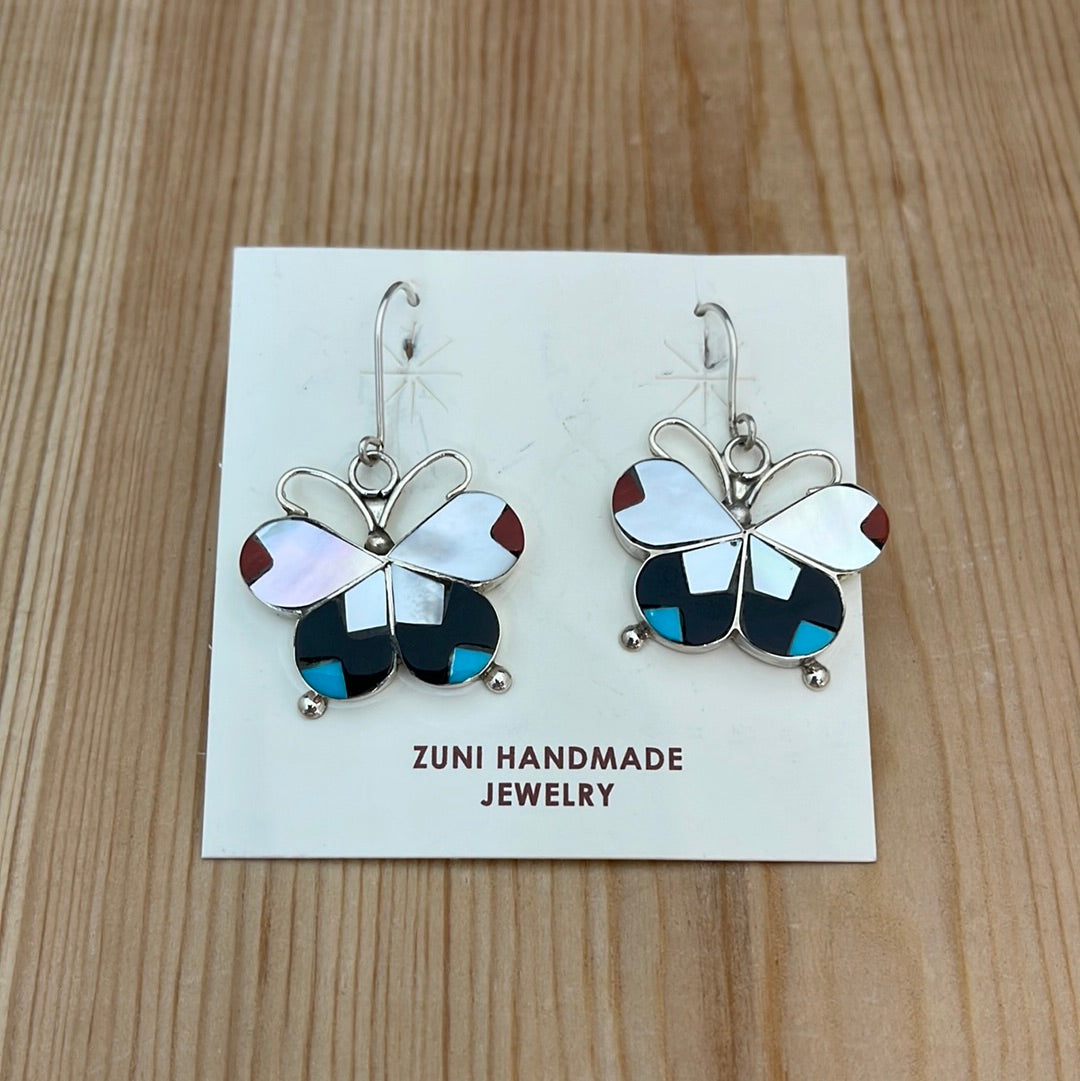 Mother of Pearl, Black Jet, Turquoise and Coral Butterfly Hook Earrings