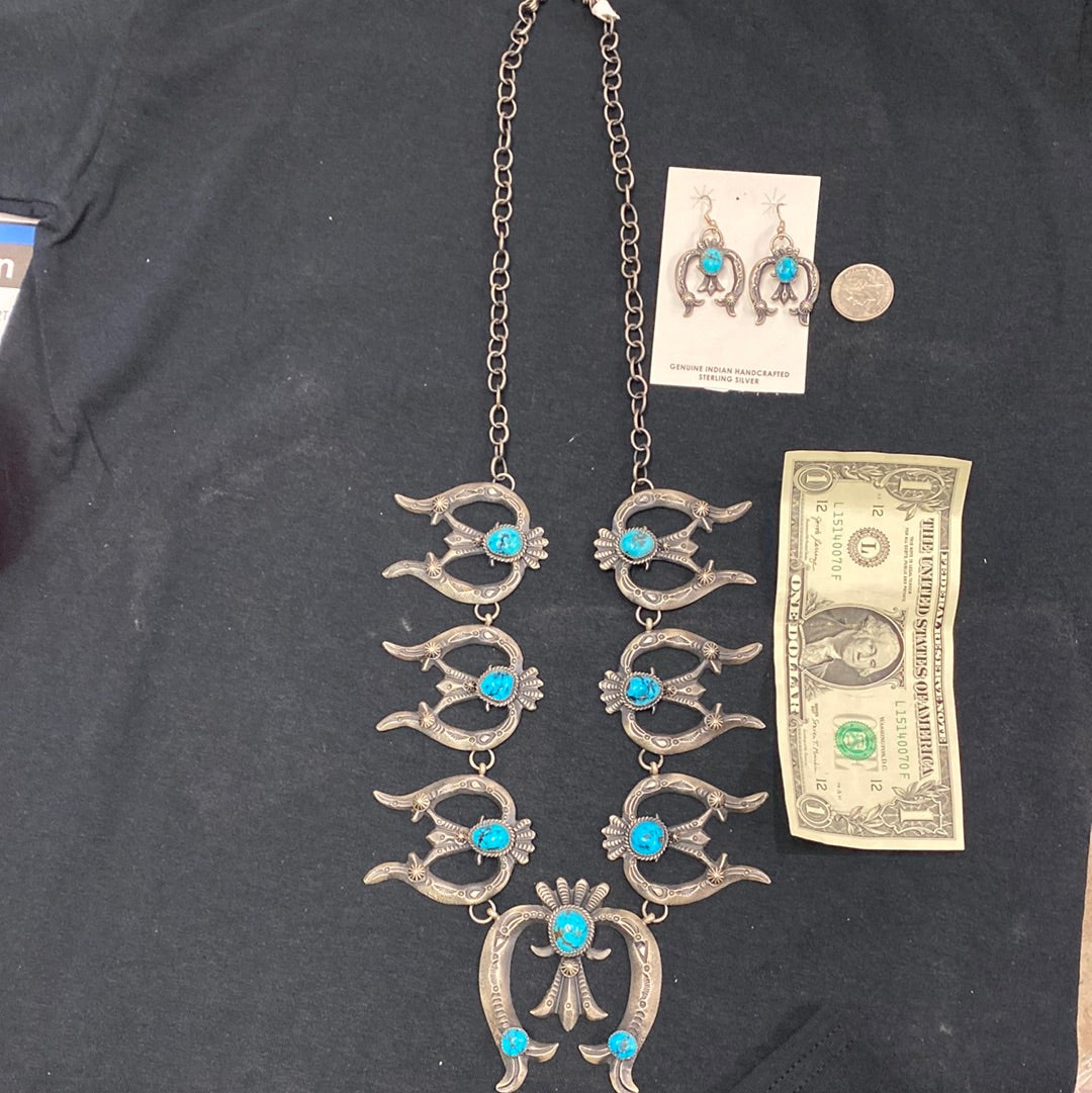 Turquoise and Sterling Silver Naja Necklace and Earrings Set by Kevin Billah, Navajo