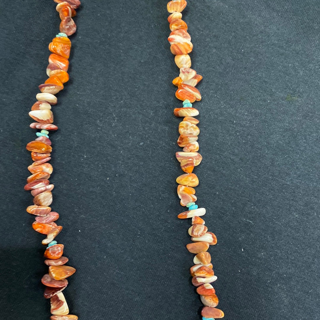 Native American made spiney oyster and turquoise necklace 44” long