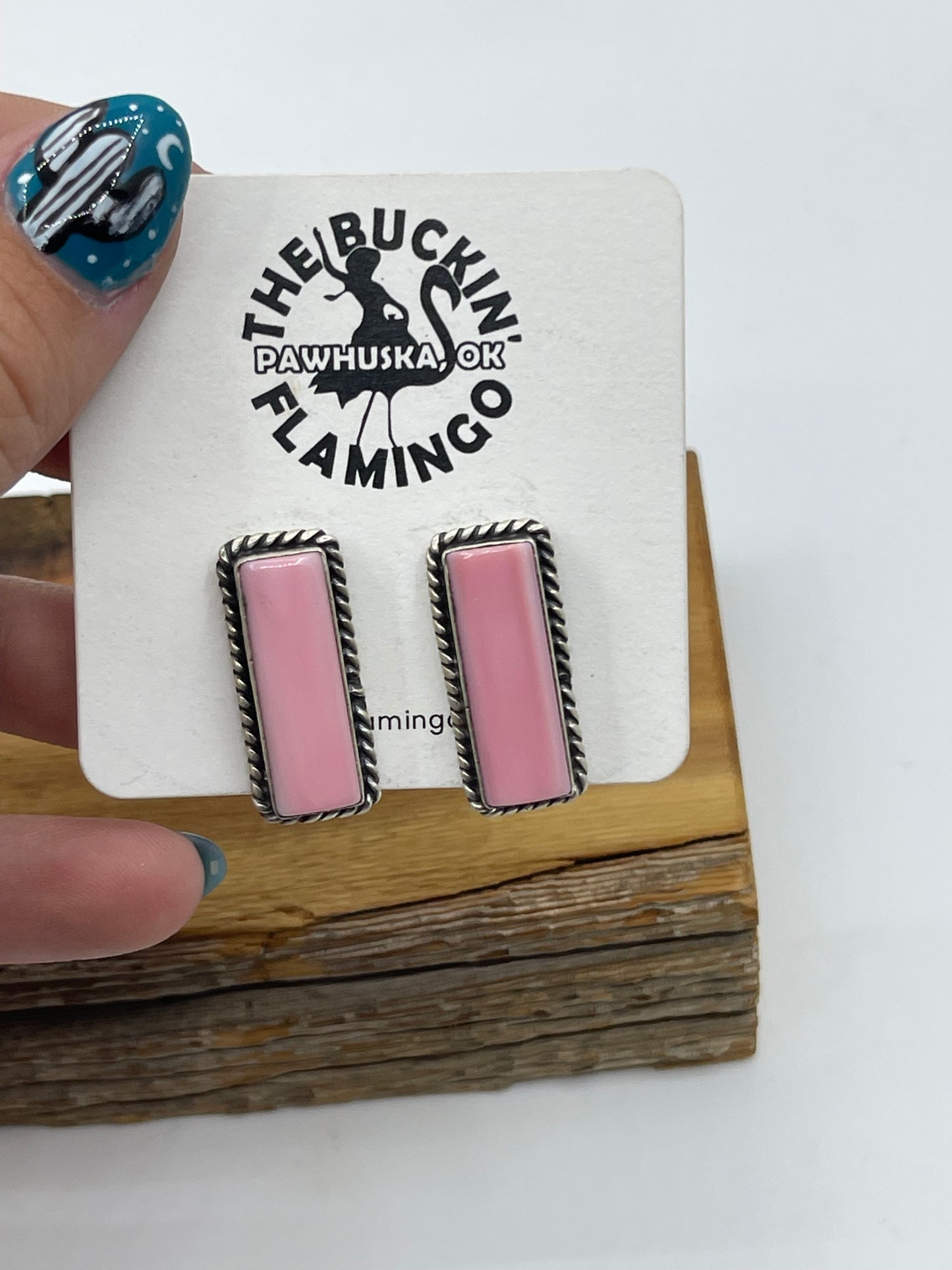 Rectangle Pink Conch Shell Post Earrings by Judith Dixon, Navajo