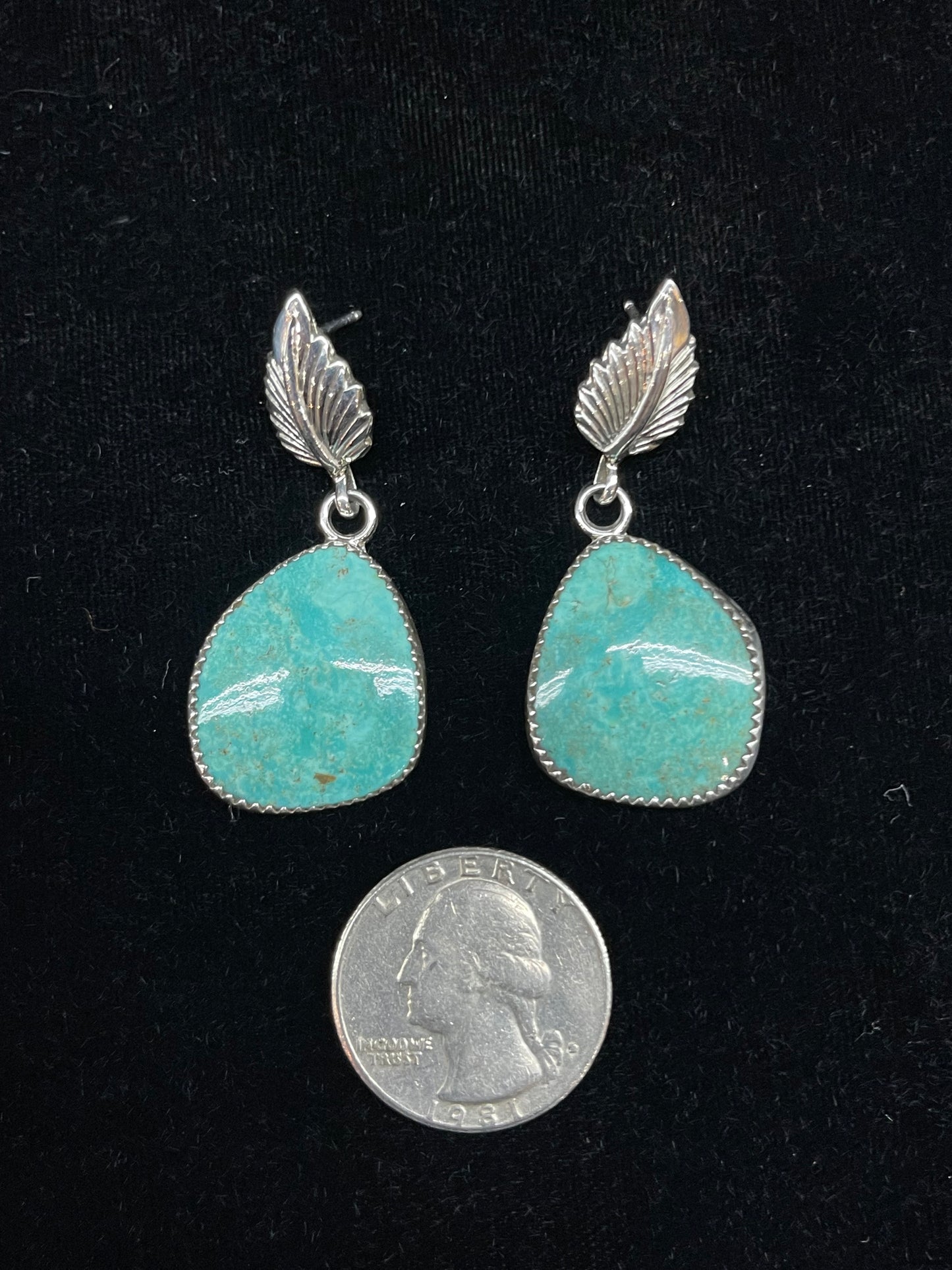 Turquoise Feather Post Dangle Earrings by Hiram Largo, Navajo