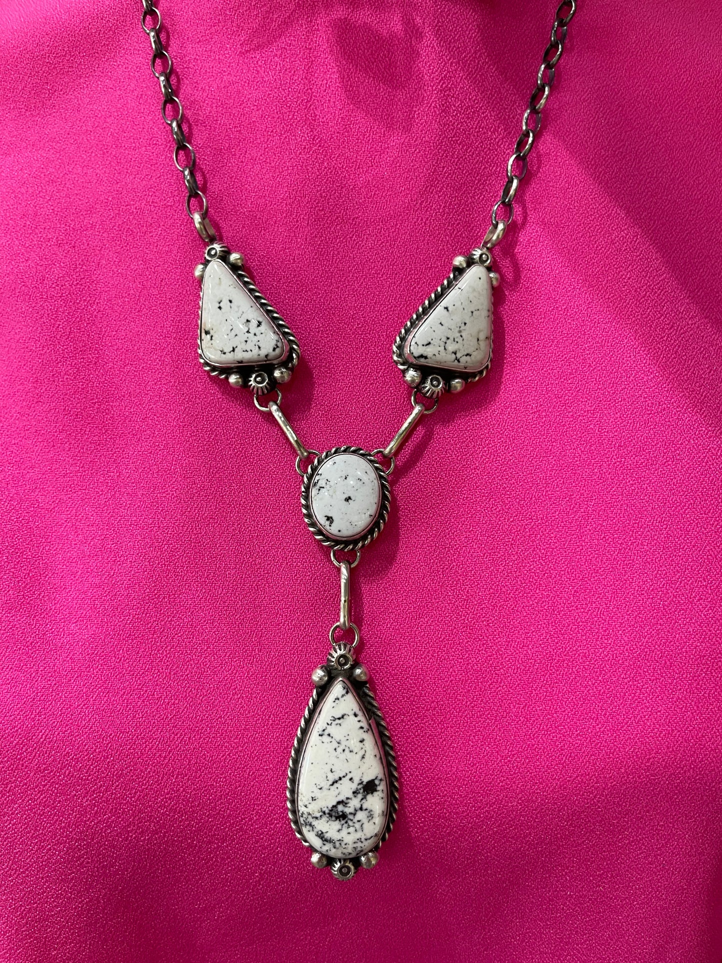 26" White Buffalo Lariat Necklace and Dangle Earrings Set by Anne Spencer, Navajo