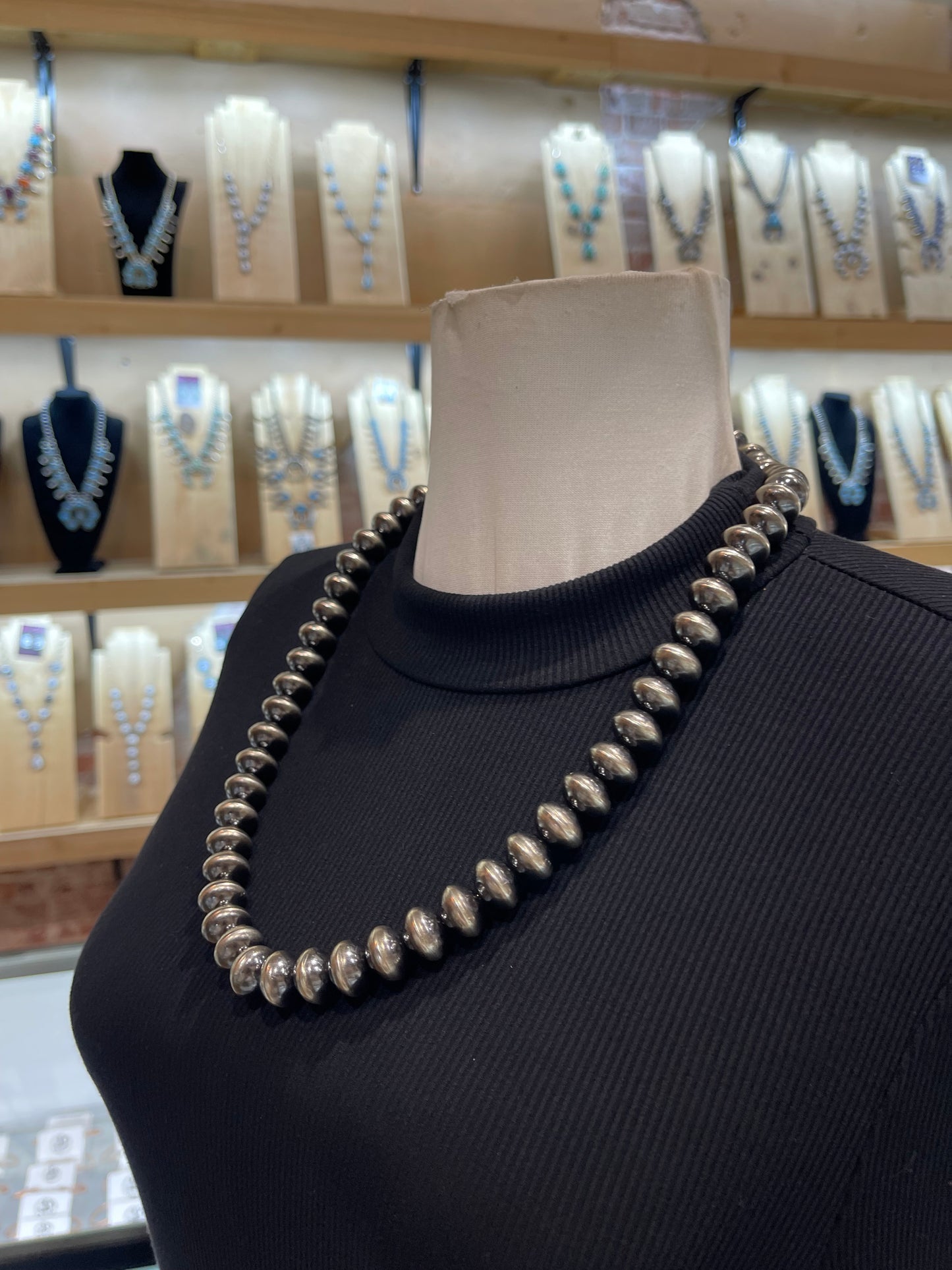26" 14mm Handmade Heavy Silver Navajo Pearls