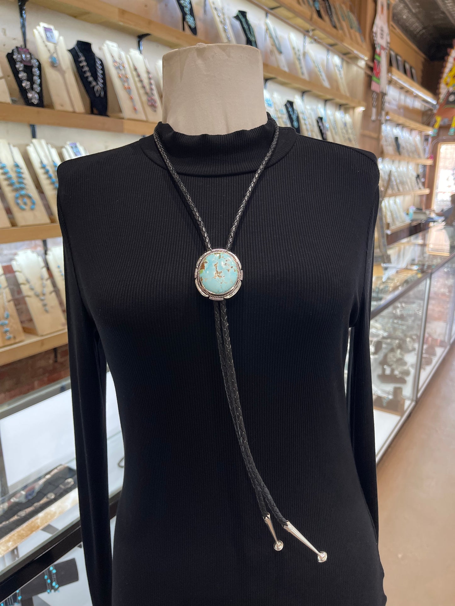 High Grade Kingman Turquoise Bolo by Joelias Draper, Navajo