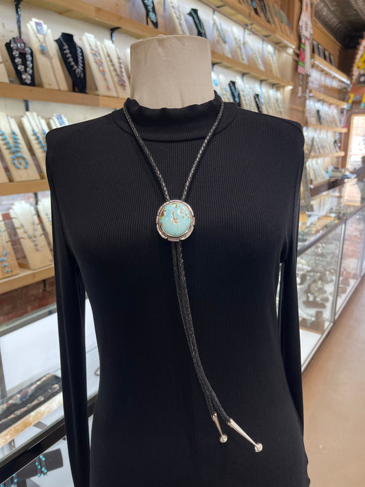 High Grade Kingman Turquoise Bolo by Joelias Draper, Navajo
