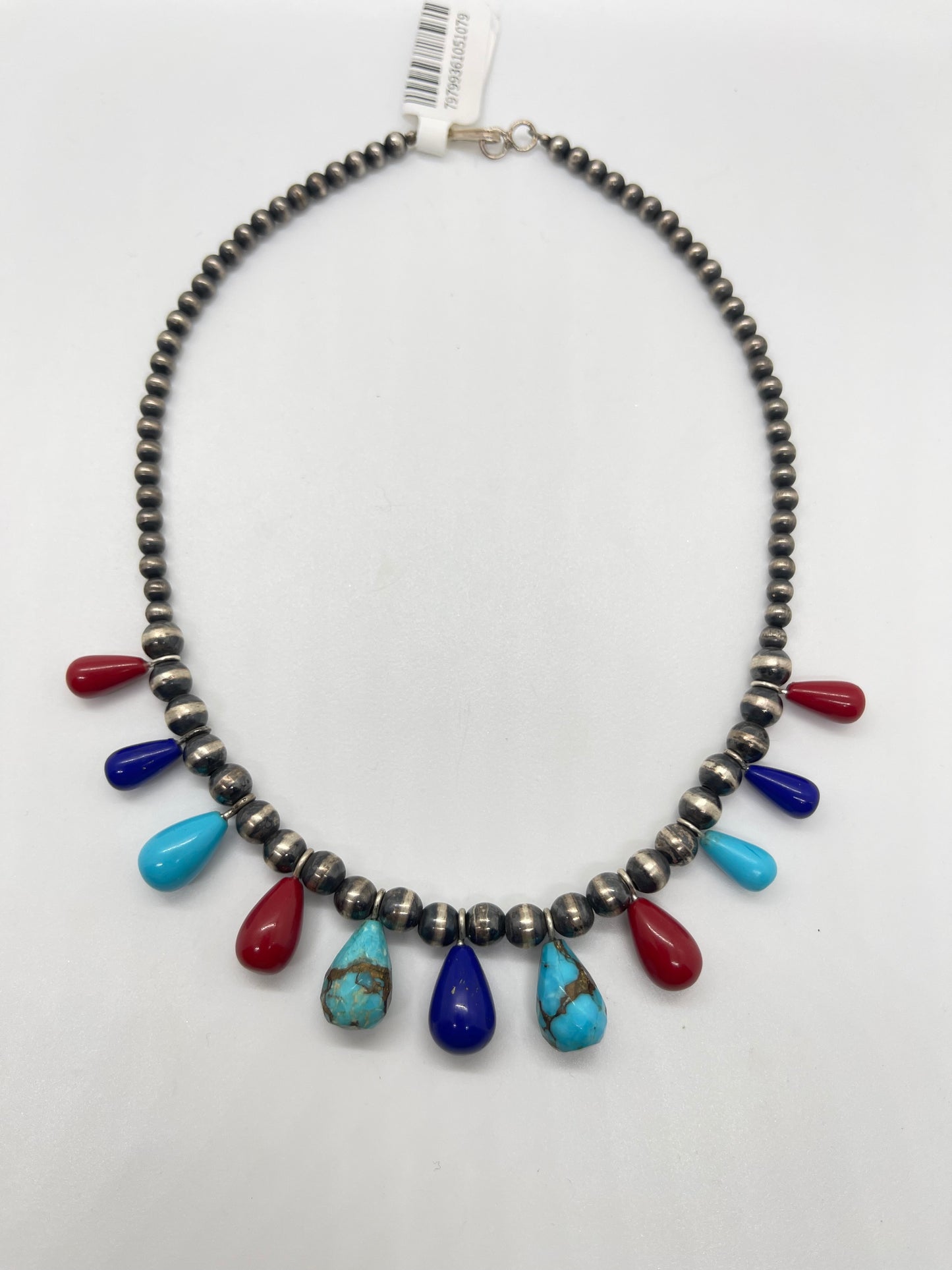 14" 4-6mm Turquoise, Coral, and Lapis Teardrop Navajo Pearls Necklace