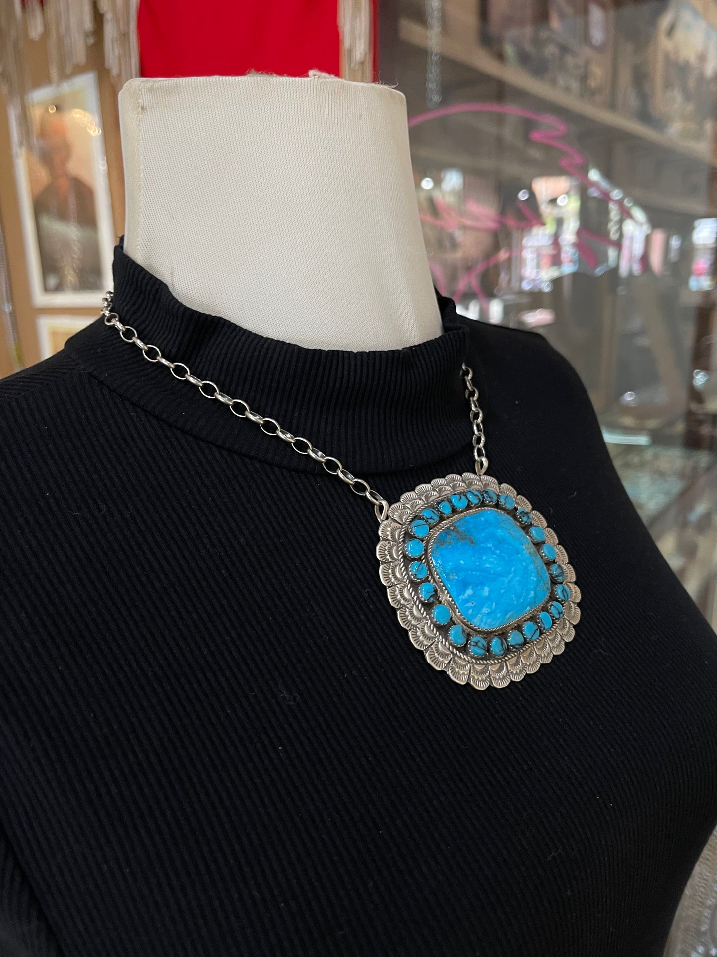 16" Large Square Kingman Turquoise Cluster Necklace by Larry Etsitty, Navajo