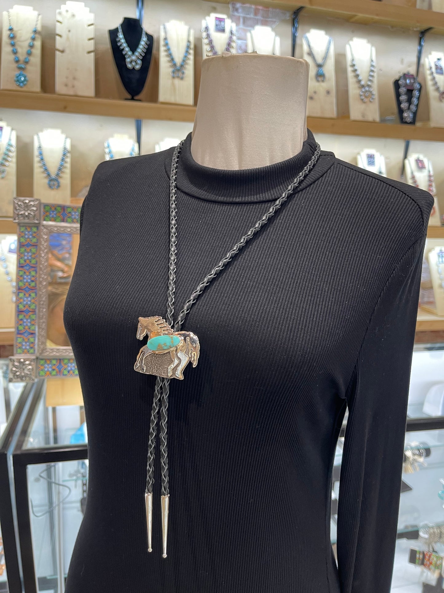 Kingman Turquoise Horse Bolo by Marie Jackson, Navajo