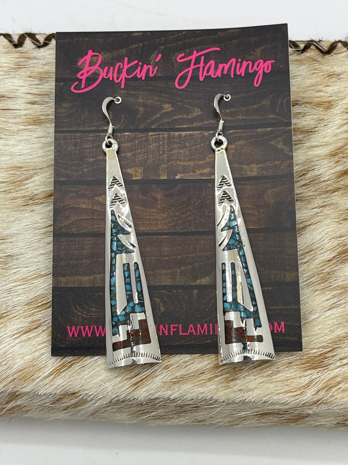 Turquoise and Coral Chip Inlay Dangle Earrings by Jolene Yazzie, Navajo