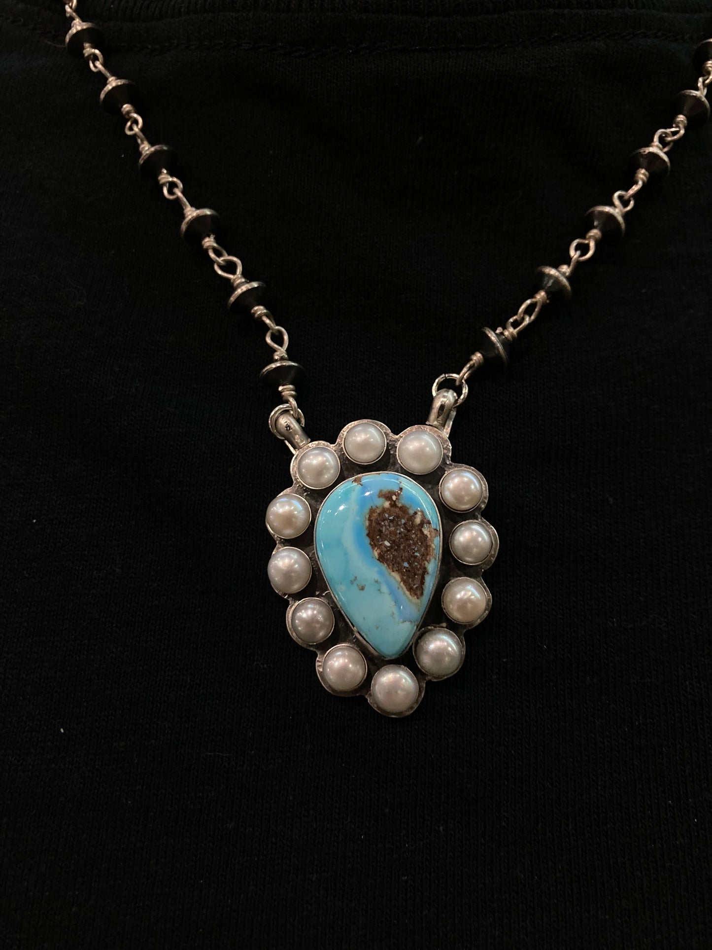 17" Golden Hill Turquoise and Freshwater Pearls Teardrop Necklace with Navajo Saucer Pearls by Kevin Billah, Navajo