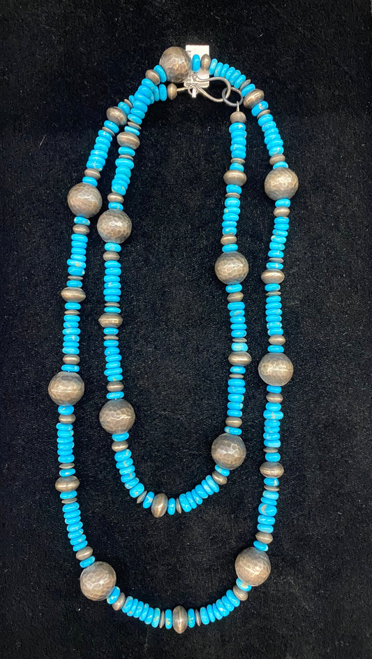 42" Handmade Textured Sterling Silver Beads, Sleeping Beauty Turquoise Beads, and Navajo Saucers
