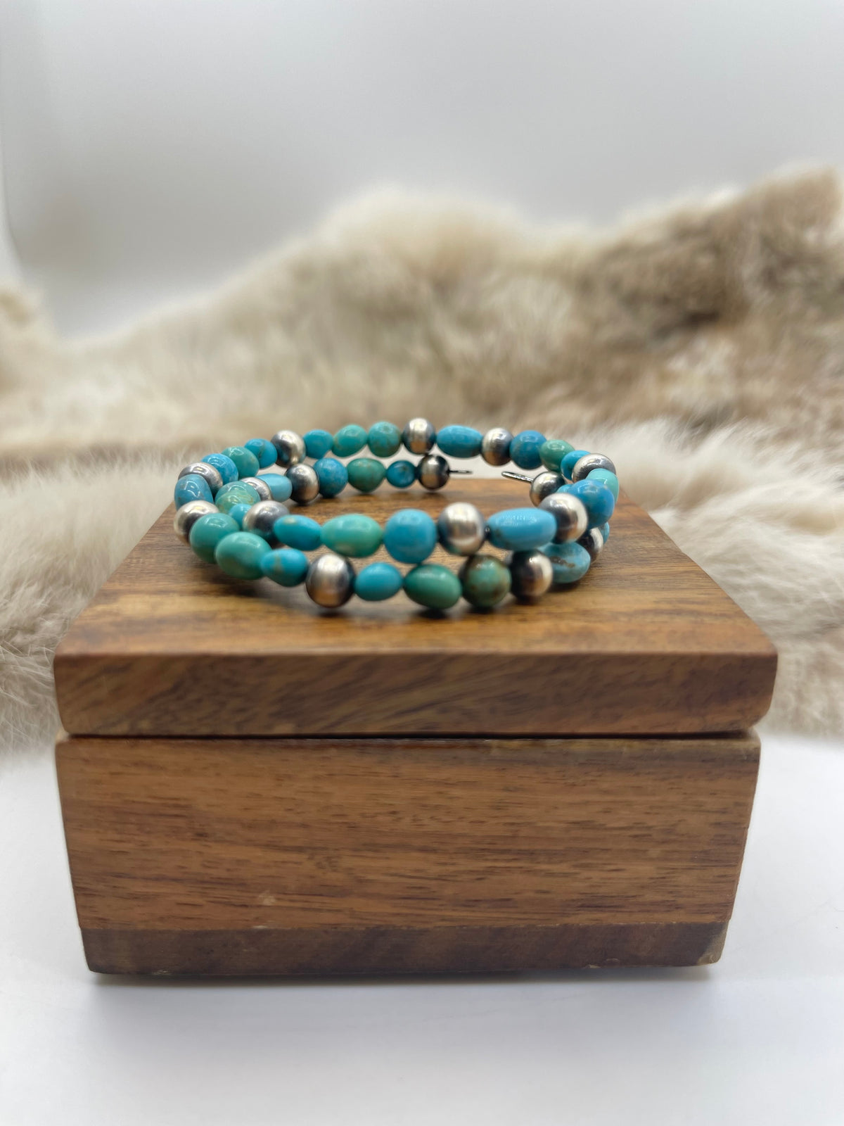 Memory Wire Bracelet with Sleeping Beauty Turquoise & Navajo Style Pearls