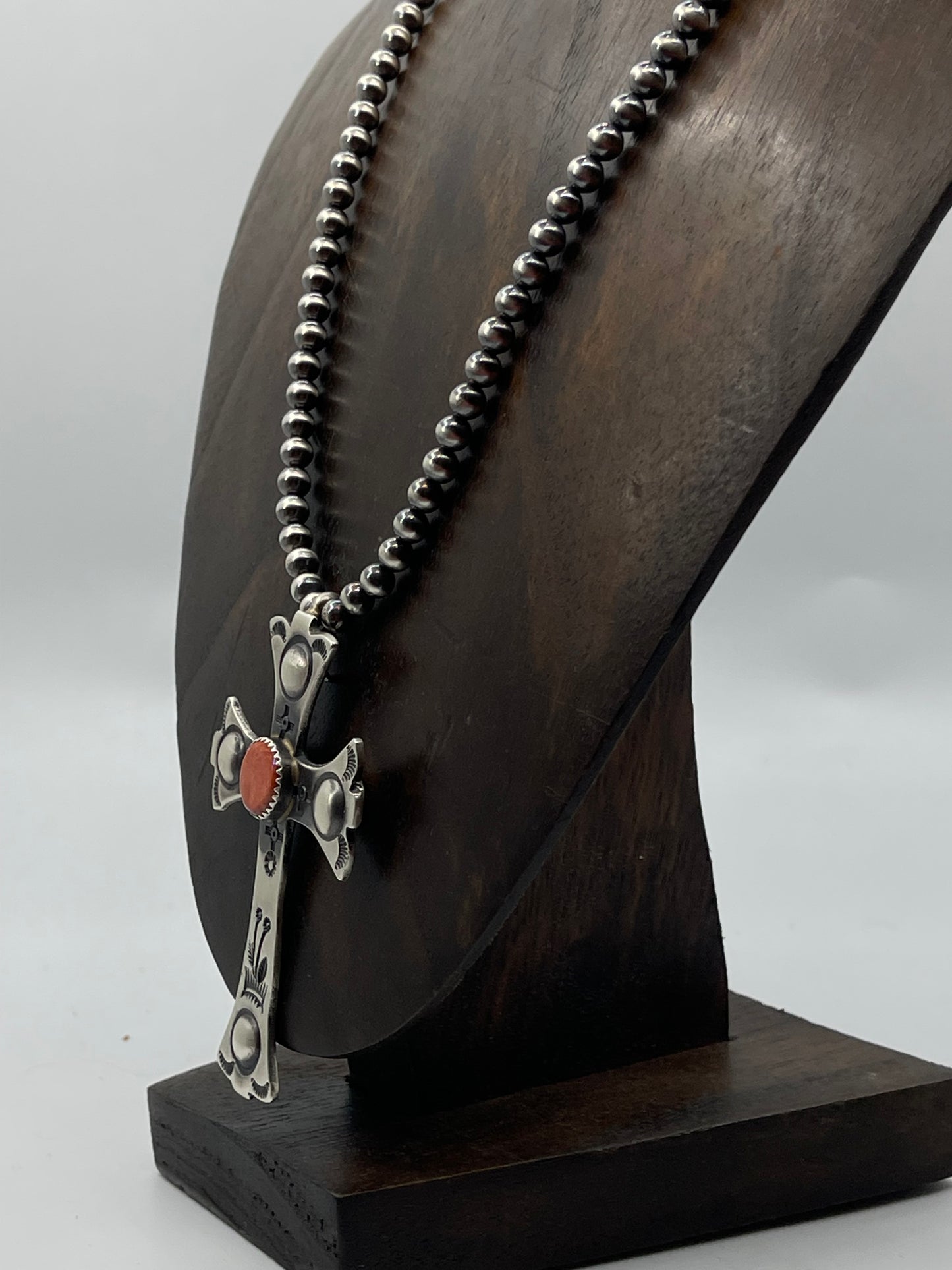 18" 5mm Navajo Pearls with a Orange Spiny Oyster Cross by Martha Cayatineto, Navajo