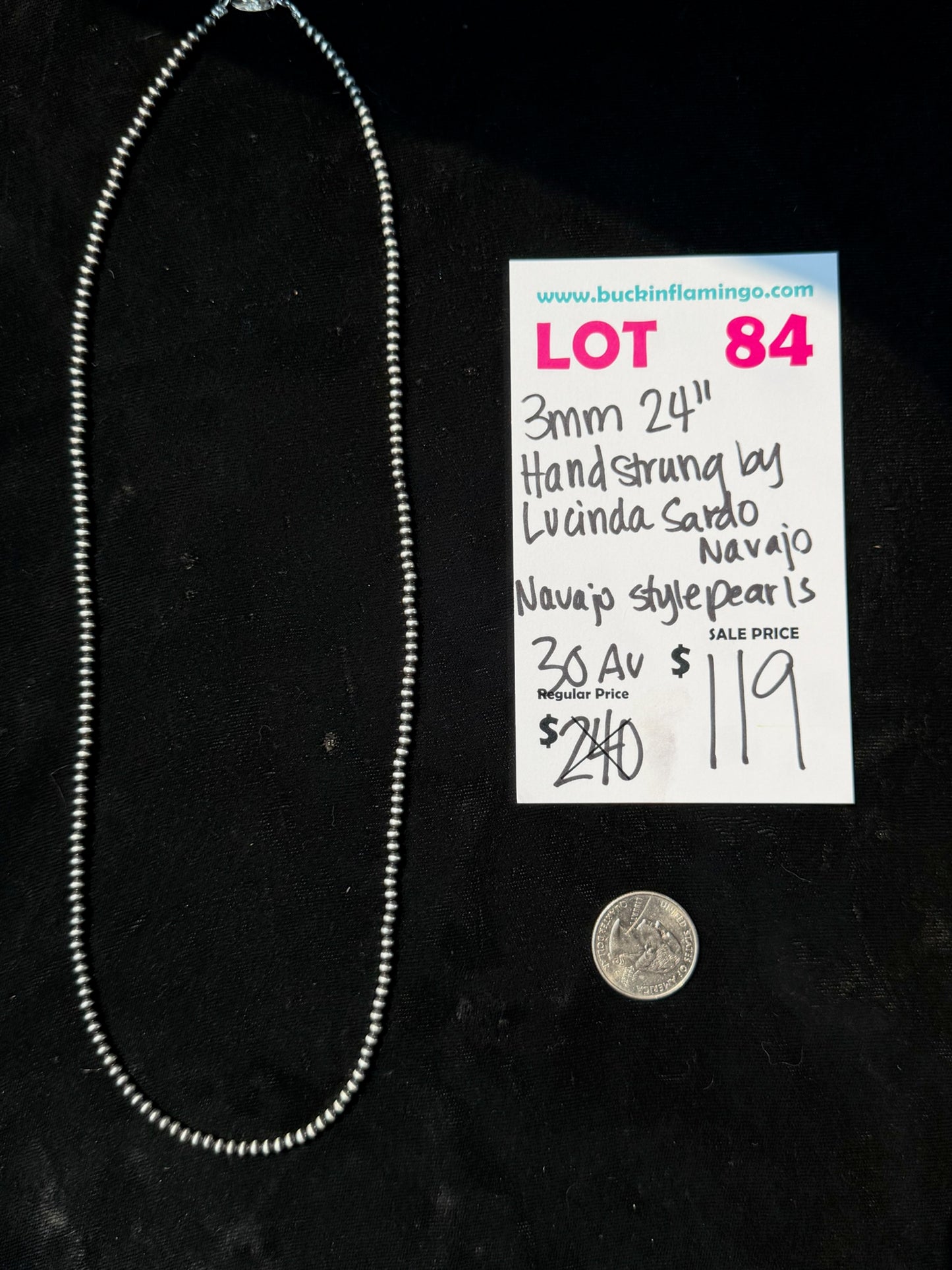 LOT 84 8/9 3mm 24" Navajo Style Pearls Handstrung by Lucinda Sardo, Navajo