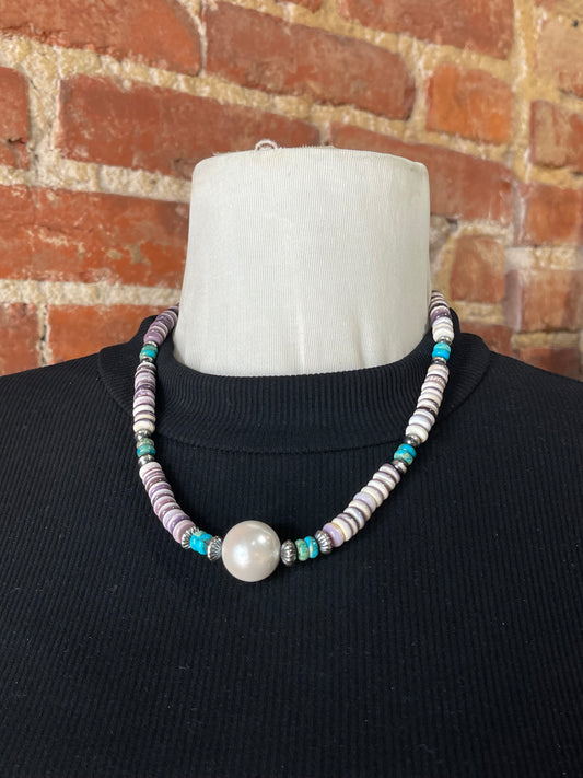 20" Wampum Shell Necklace with Fresh Water Pearl