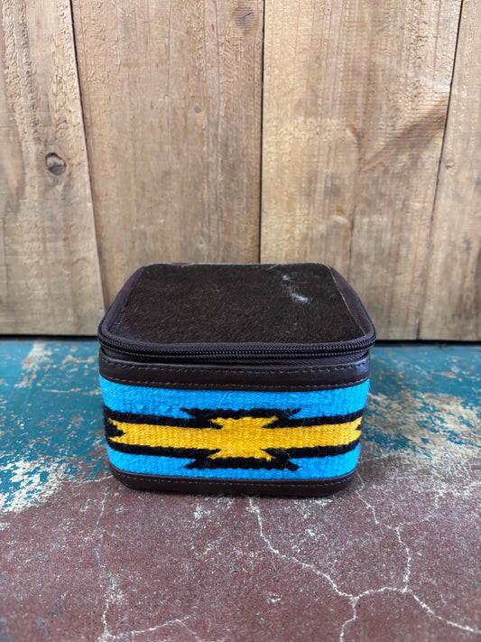 Small Square Brown Cowhide Blue Knitted Jewelry Box
