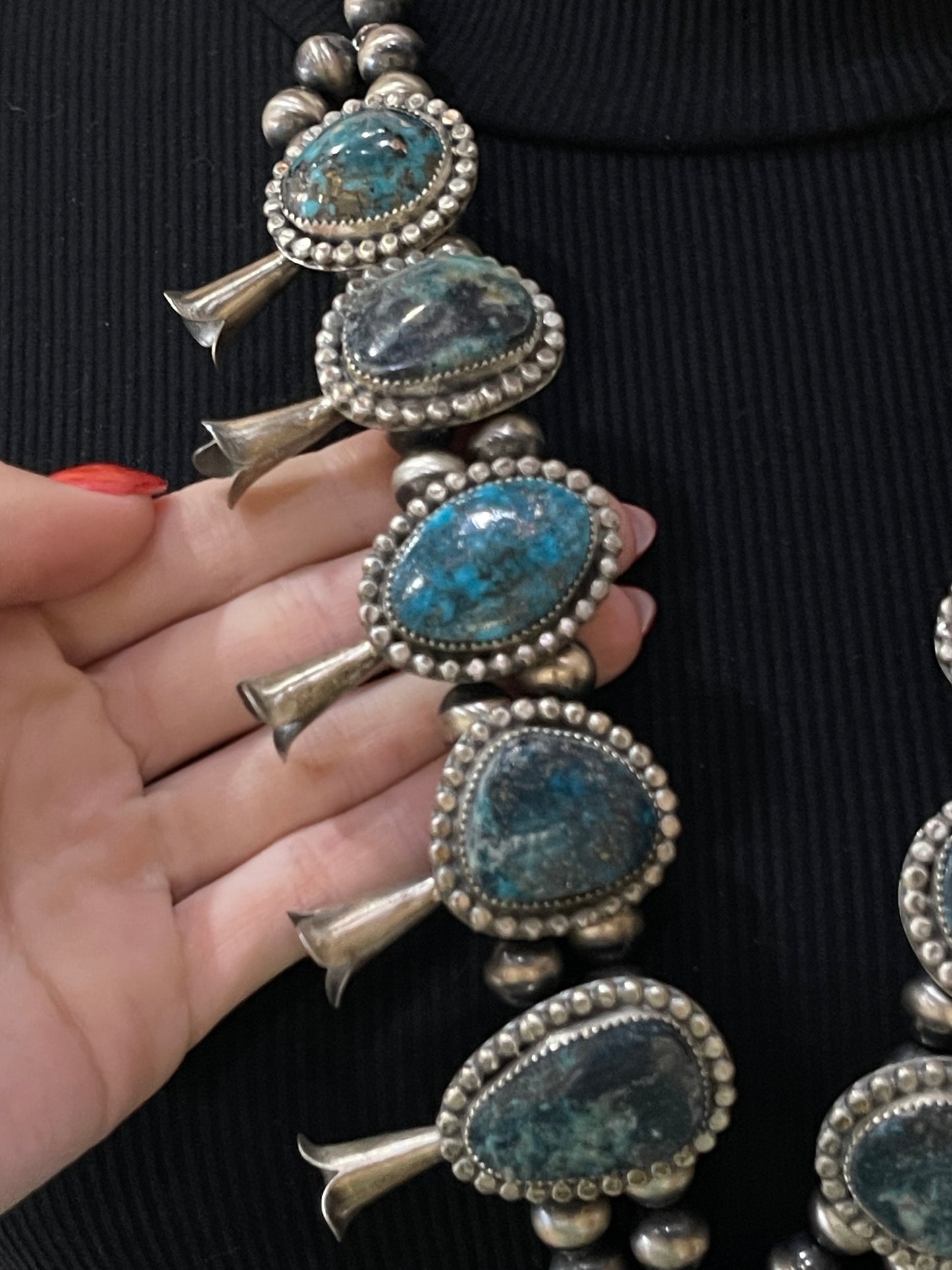 28" Nevada Blue Turquoise Naja Squash Blossom by Delbert Secatero, Navajo