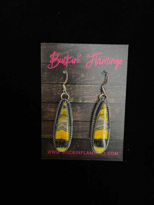 Bumblebee Jasper Teardrop Dangle Earrings by Boyd Ashley, Navajo