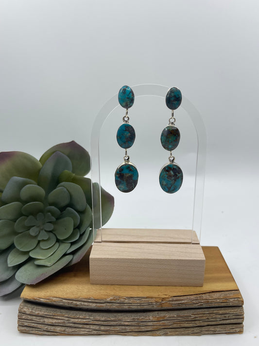 3 Stone Turquoise Post Dangle Drop Earrings by Irvin Tsosie, Navajo
