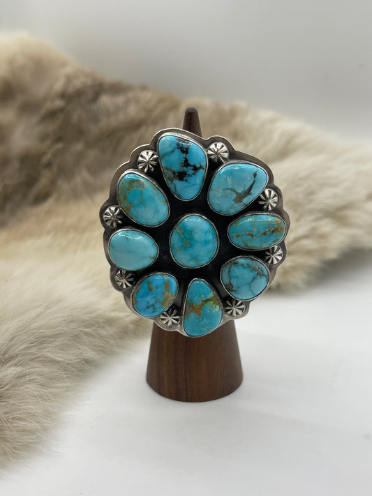 Adjustable 5.0-11.0 High Grade Kingman Turquoise Cluster Ring by Gabby Jurado, Navajo
