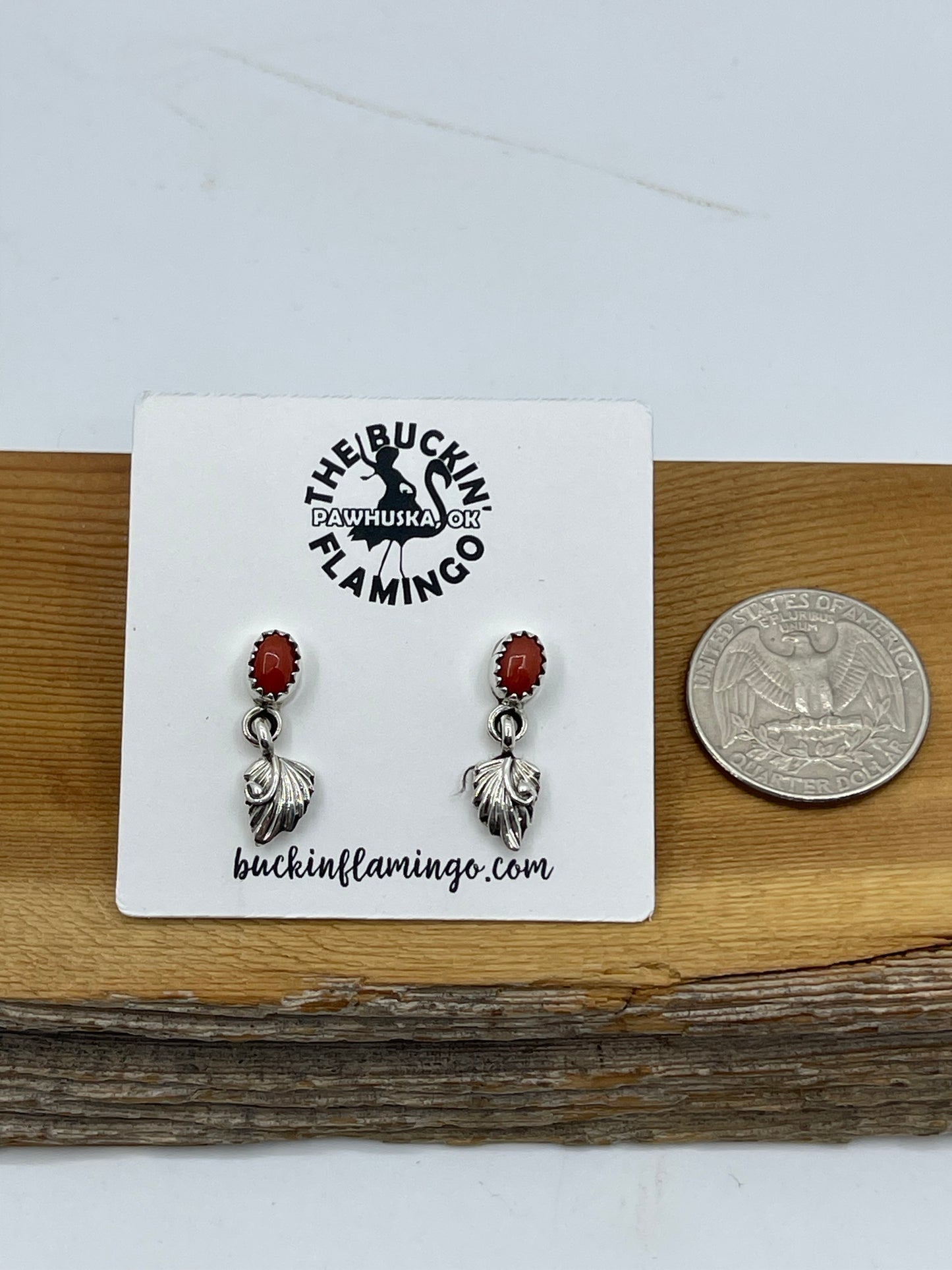 Red Coral Feather Post Dangle Earrings by Rita Largo, Navajo