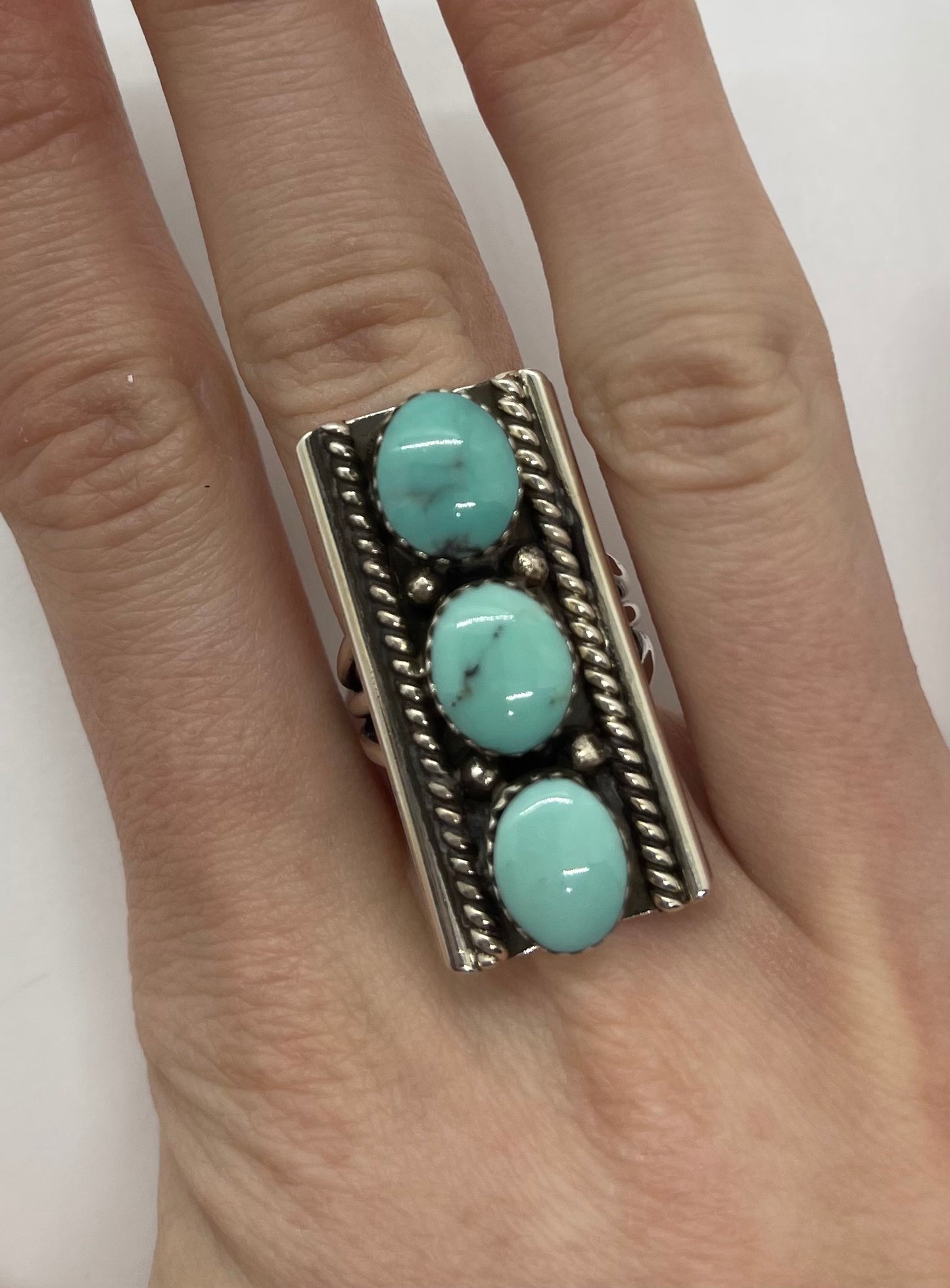 5.0 3 Stone Turquoise Bar Ring by Dorothy Lee, Navajo