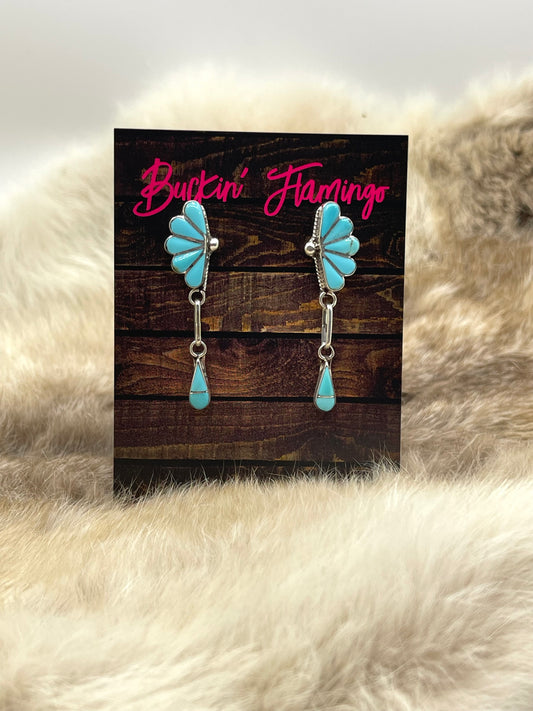 Half Cluster Inlay with Teardrop Dangle Earrings by Velda Nestacio, Zuni