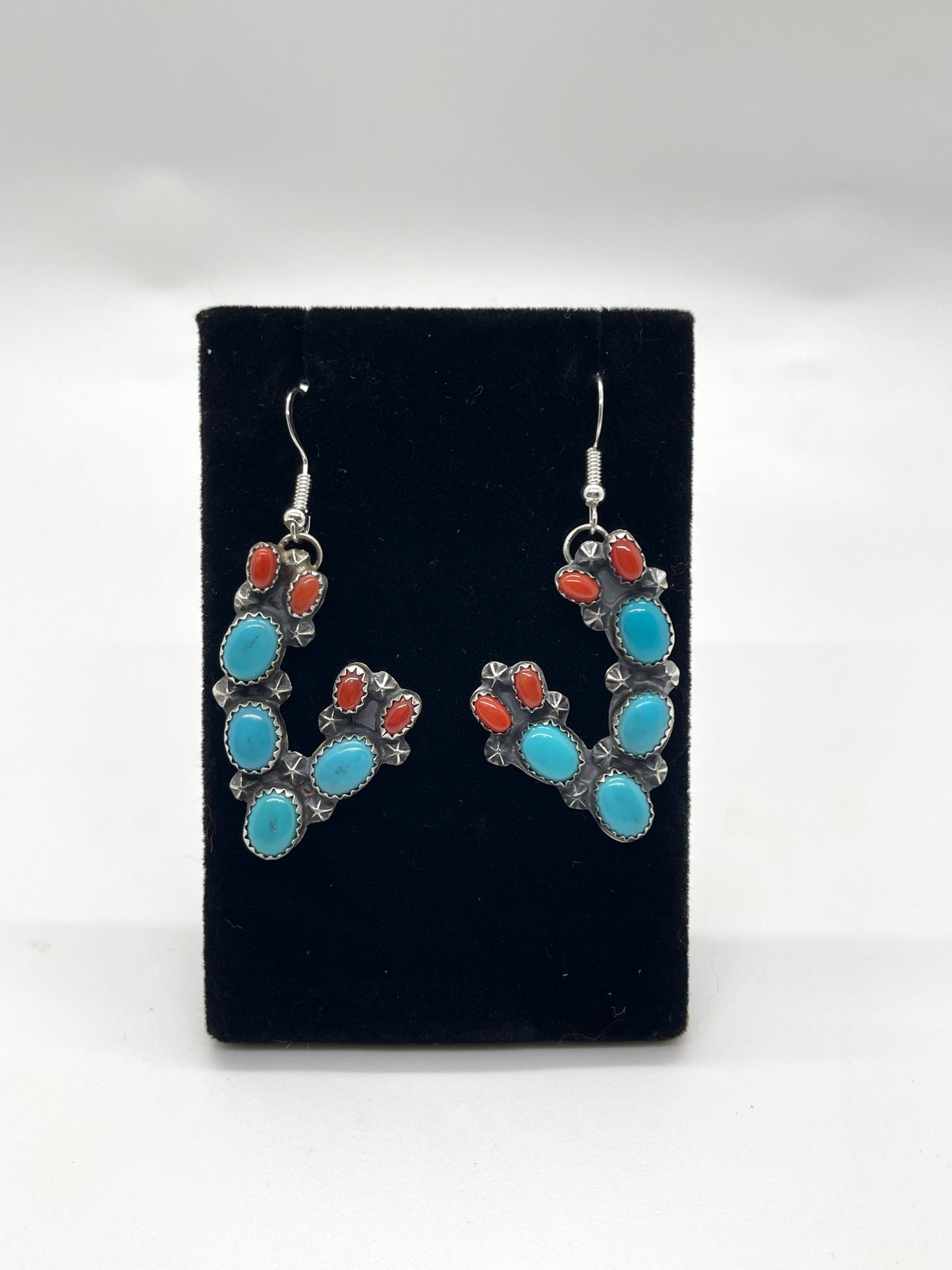 LOT 52 1/4 Prickly Pear Turquoise and Coral Cactus Earrings by Richard Yazzie, Navajo