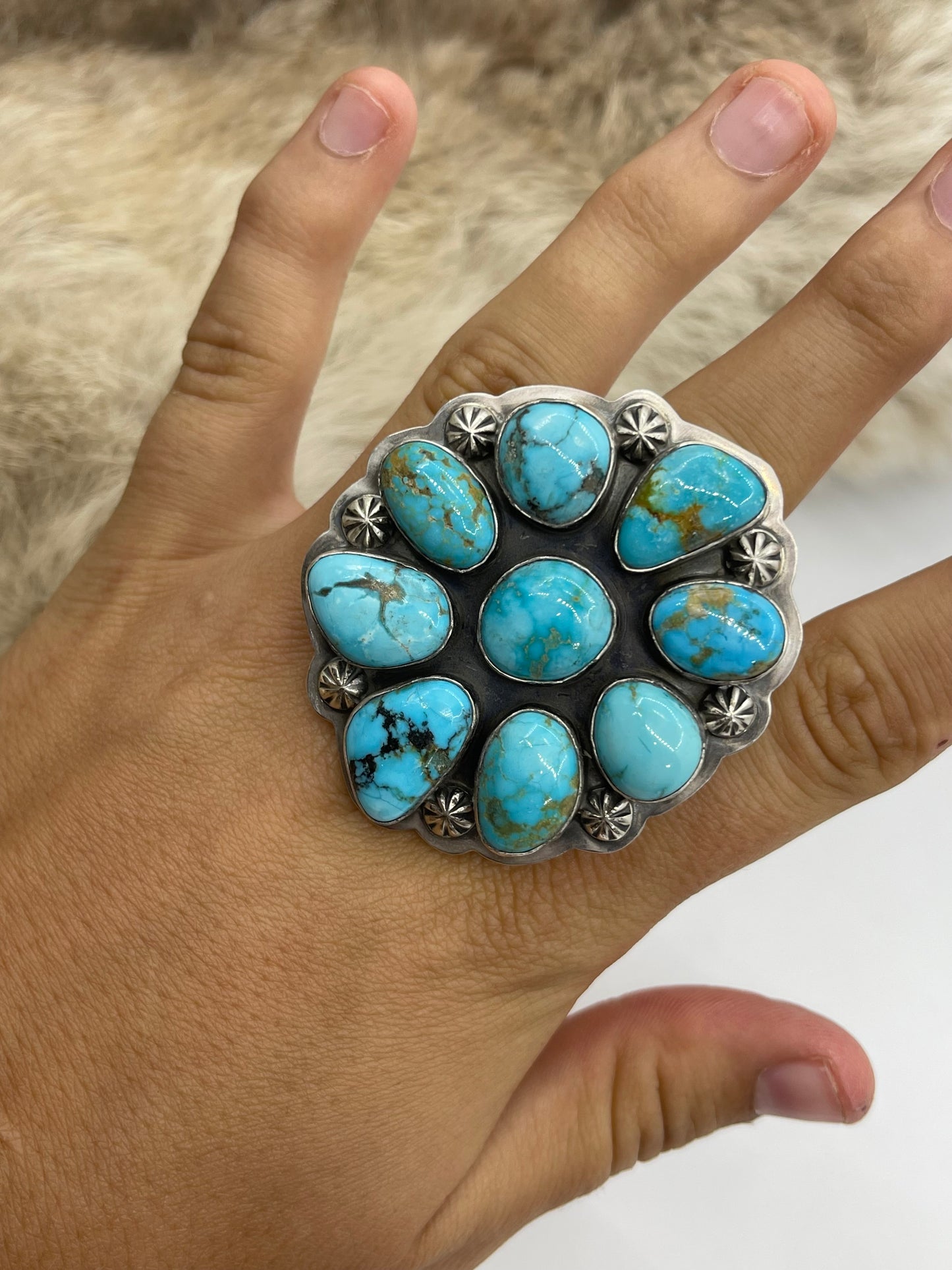 Adjustable 5.0-11.0 High Grade Kingman Turquoise Cluster Ring by Gabby Jurado, Navajo