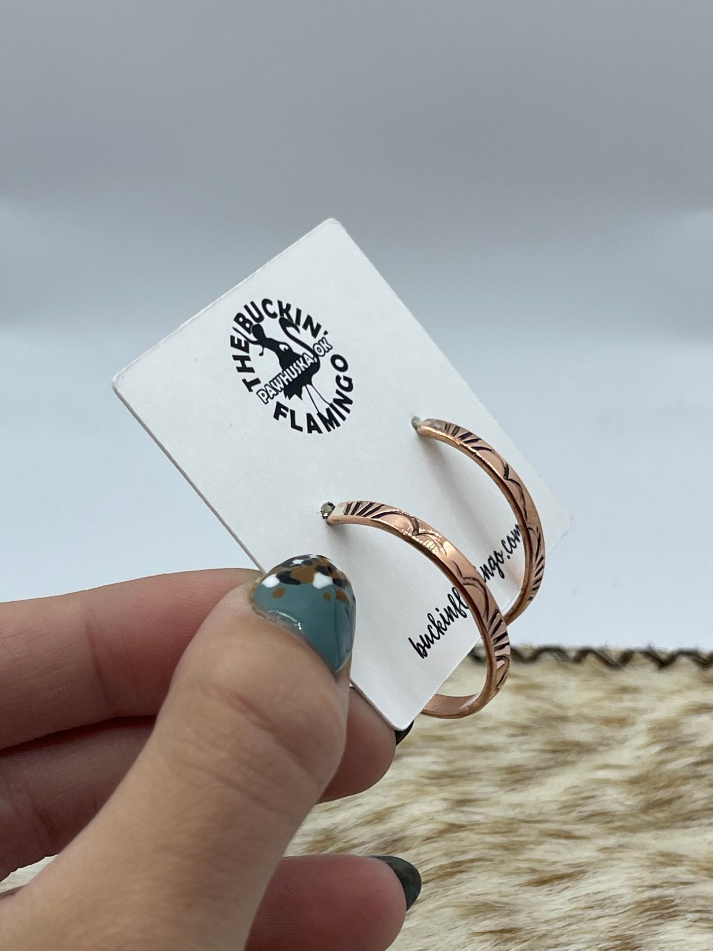 Copper Stamped Post Hoop Earrings by Elaine Tahe, Navajo