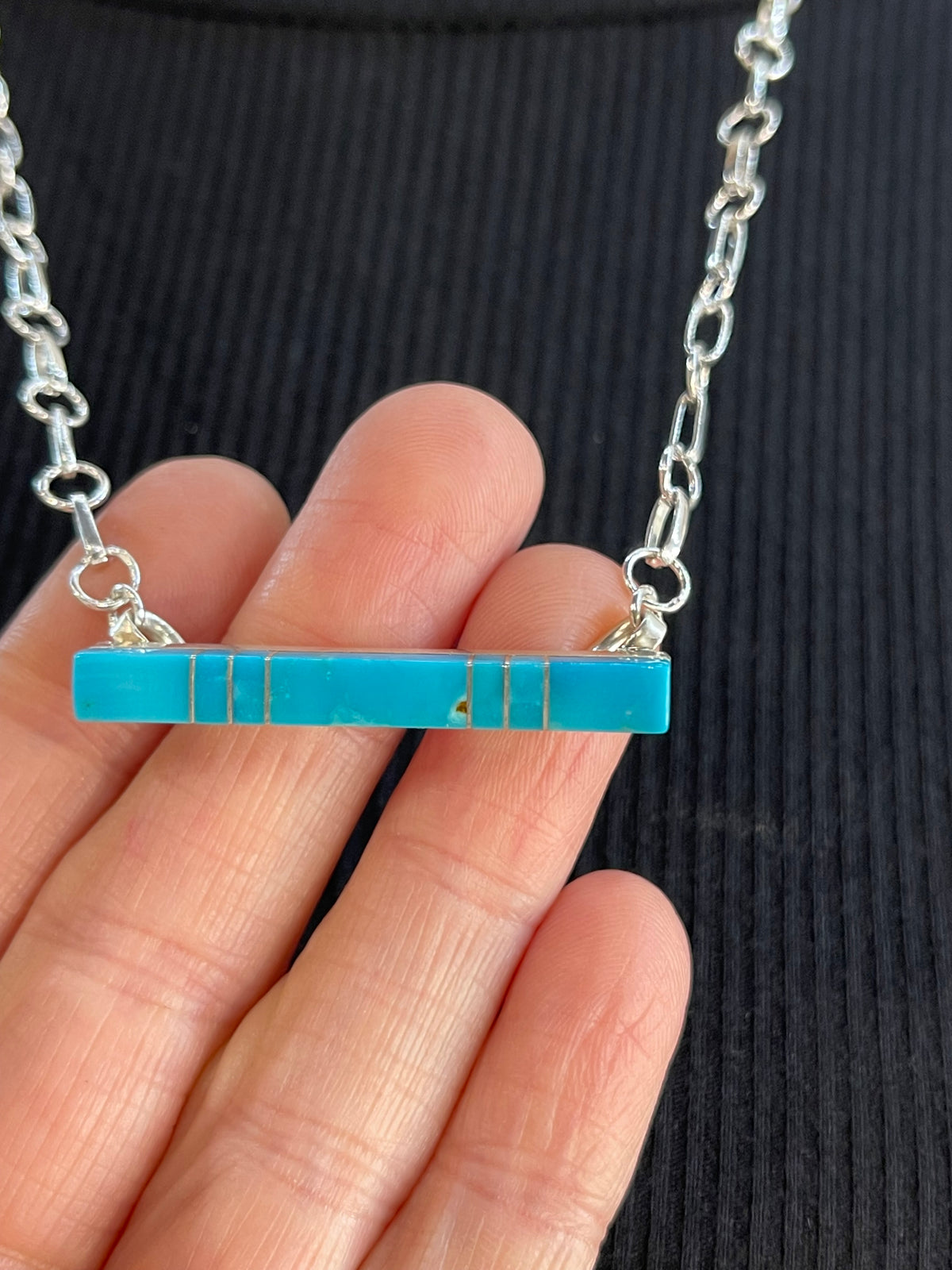 22" Turquoise Inlay Bar Necklace by MaDerral Kallestewa, Zuni