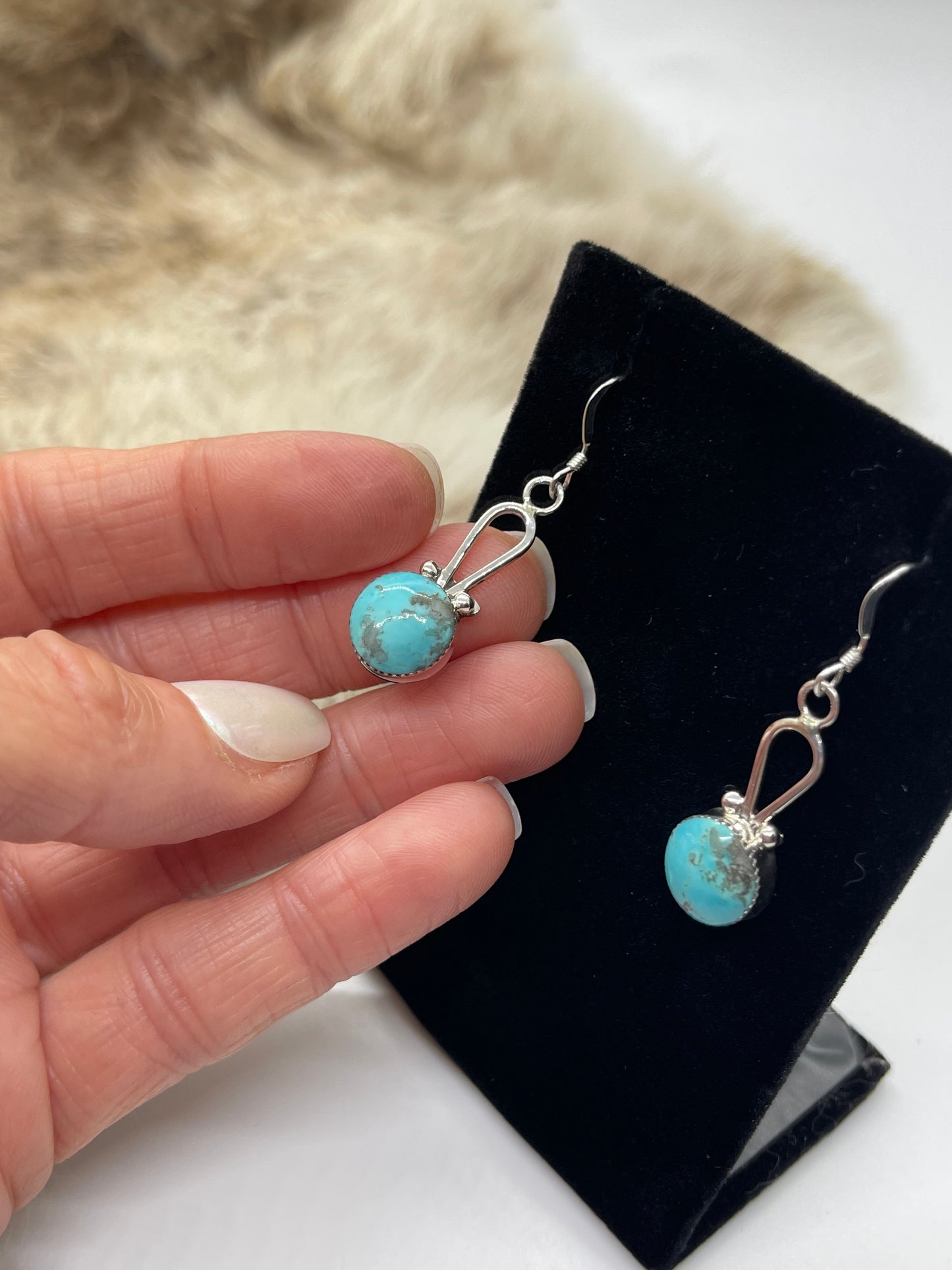 Kingman Turquoise Round Dangle Earrings by Sadie Jim, Navajo