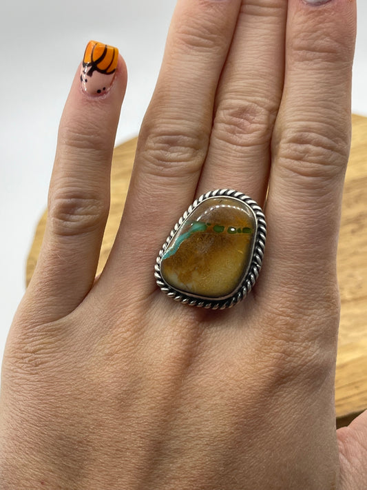 Adjustable Royston Turquoise Round Ring by Donovan Skeets, Navajo