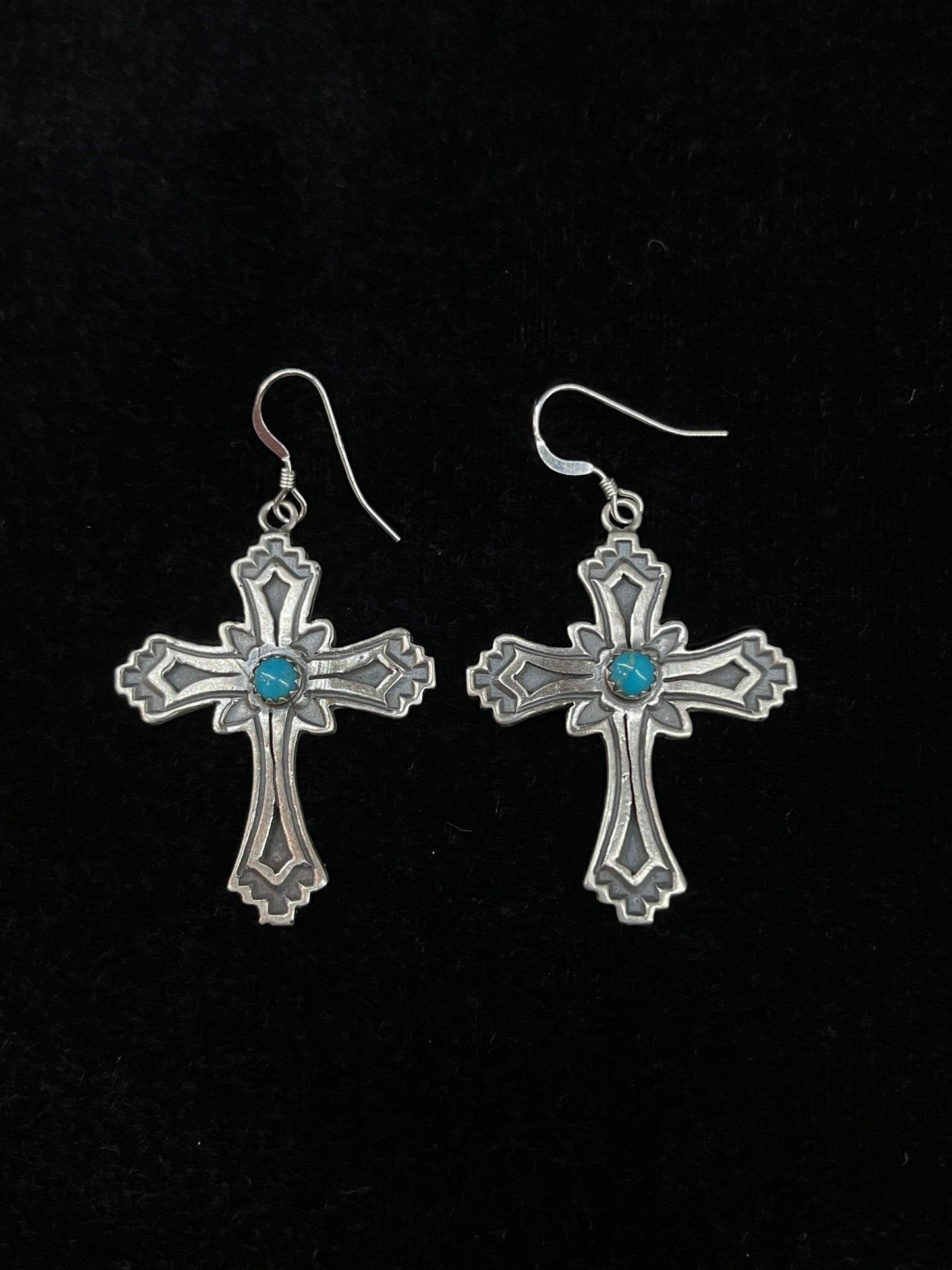 Cross Dangle Earrings with Turquoise Stone by Louise Joe, Navajo