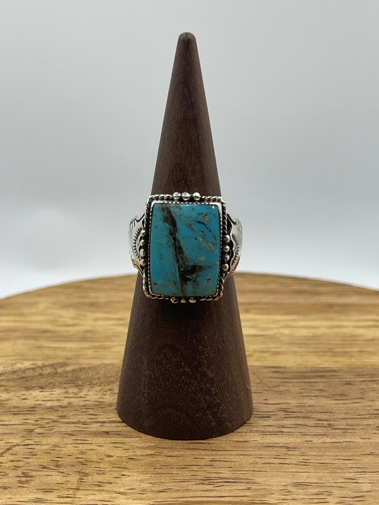 9.0 Rectangle Kingman Turquoise Ring by Gregg Yazzie, Navajo