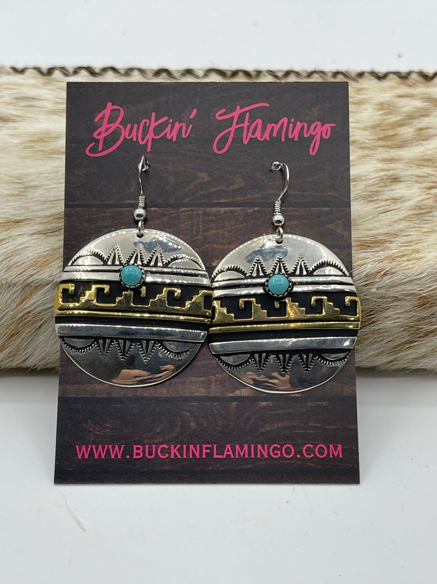 Circle Brass and Silver Turquoise Dangle Earrings by Tommy and Rose Singer, Navajo