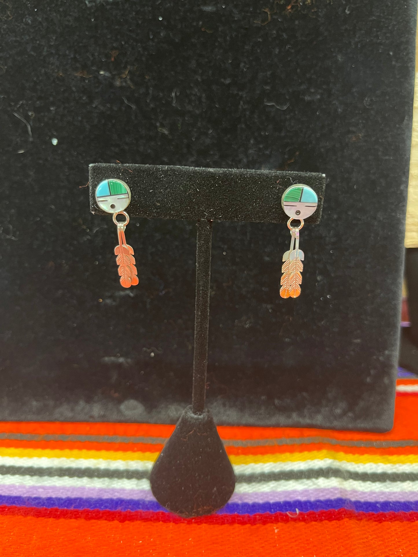 Inlay Earrings with 2 Dangling Feathers