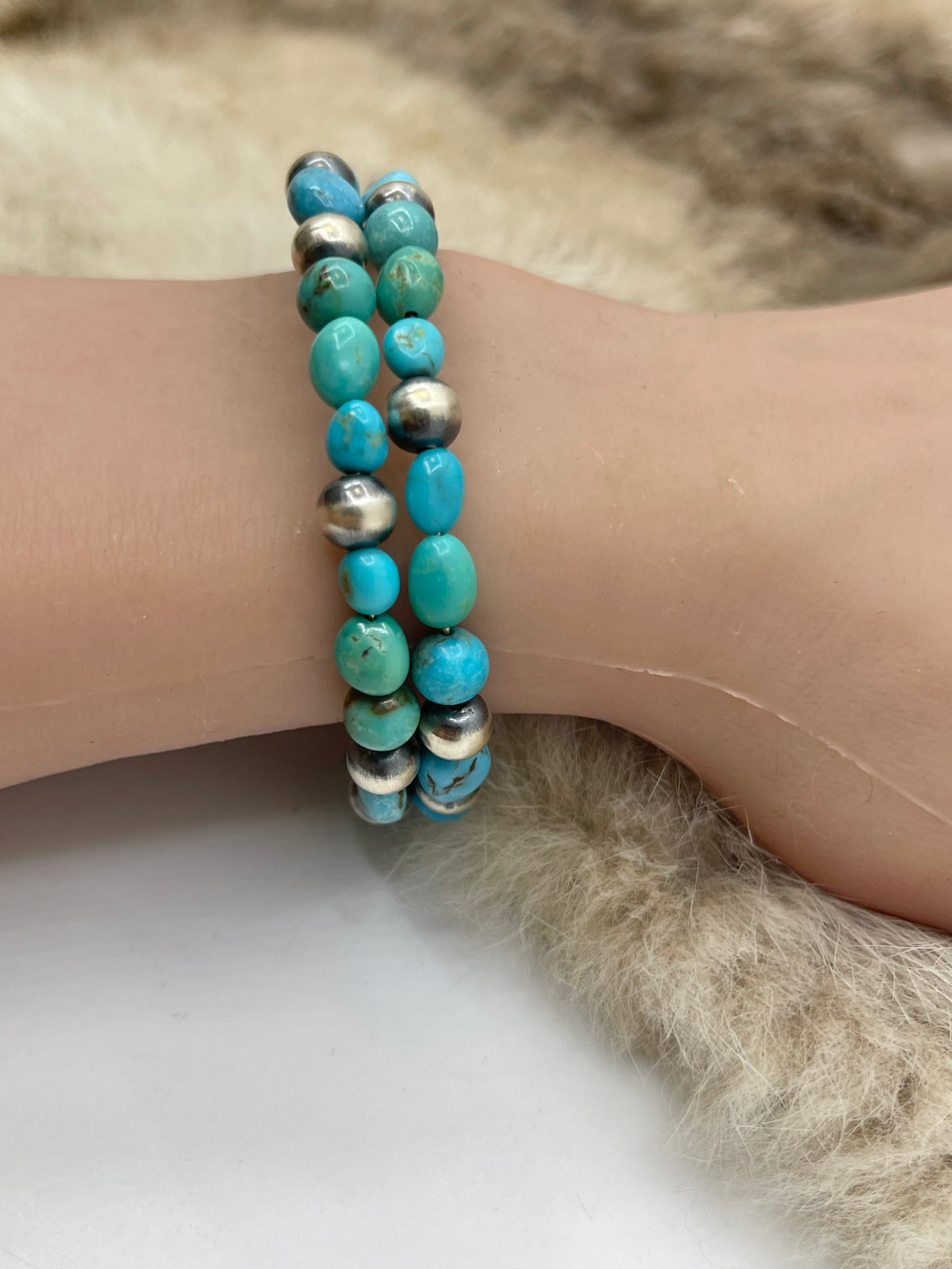 Memory Wire Bracelet with Sleeping Beauty Turquoise & Navajo Style Pearls