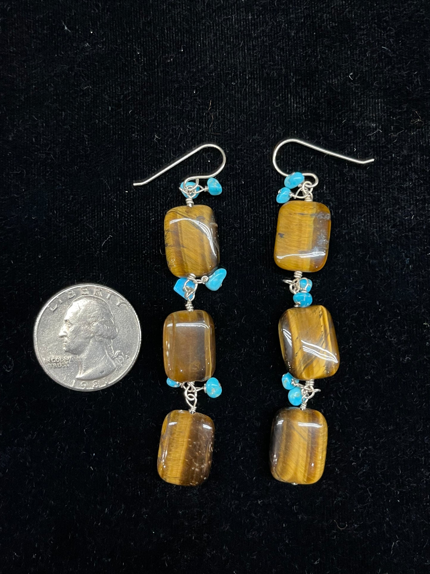 3 Stone Tigers Eye and Turquoise Dangle Earrings