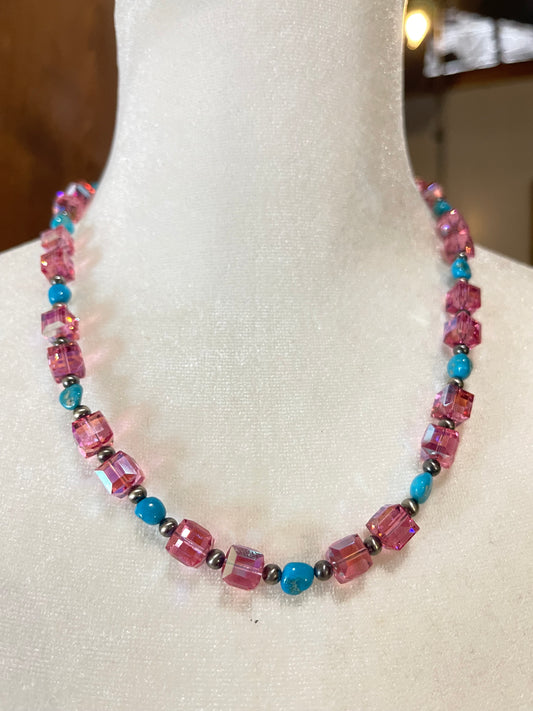 18" Pink Swarovski Crystals, Sleeping Beauty Turquoise, and 3mm Navajo Pearls Necklace