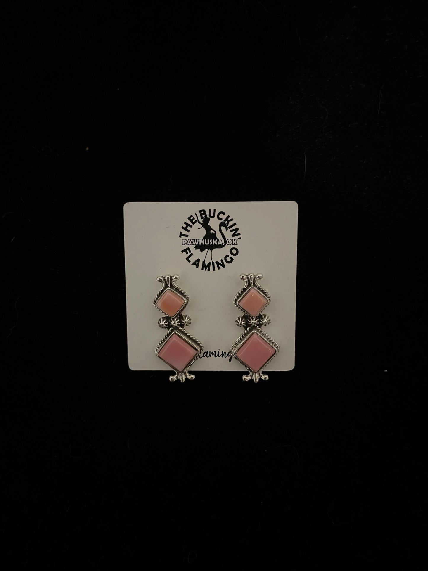 2 Stone Pink Conch Shell Diamond Shaped Post Earrings by James Manygoats, Navajo