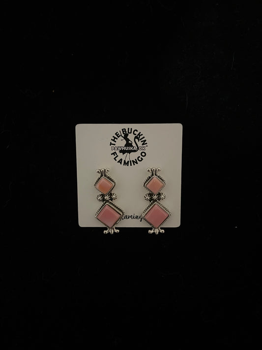 2 Stone Pink Conch Shell Diamond Shaped Post Earrings by James Manygoats, Navajo