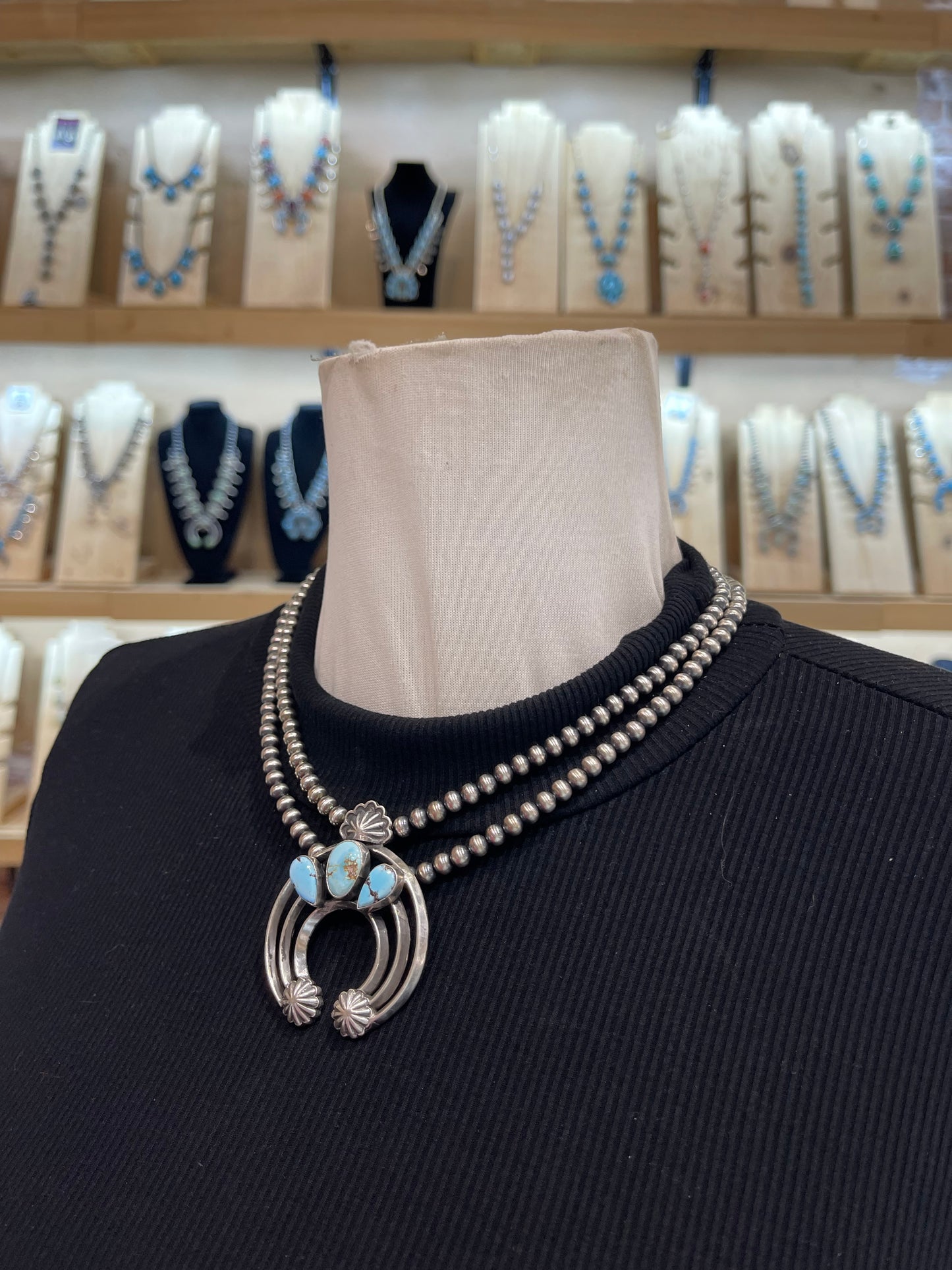 18" 5mm Golden Hills Turquoise Naja 2 Strand Necklace by Dave Morgan, Navajo