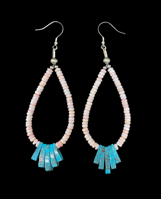 Pink Conch Shell and Turquoise Tear Drop Dangle Earrings